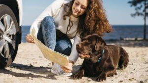 youny woman with her dog is ready for travel